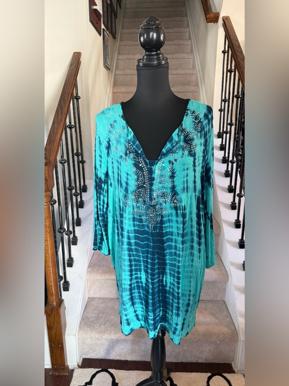 Teal and Navy Tie-Dye V-Neck Tunic with Rhinestone Detail